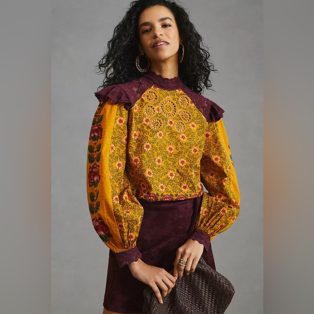 Farm x Anthropologie Ruffled Floral Blouse Crochet Trim Size XL